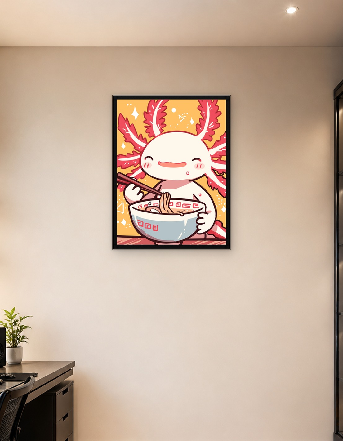 Axolotl eating ramen cartoon illustration
