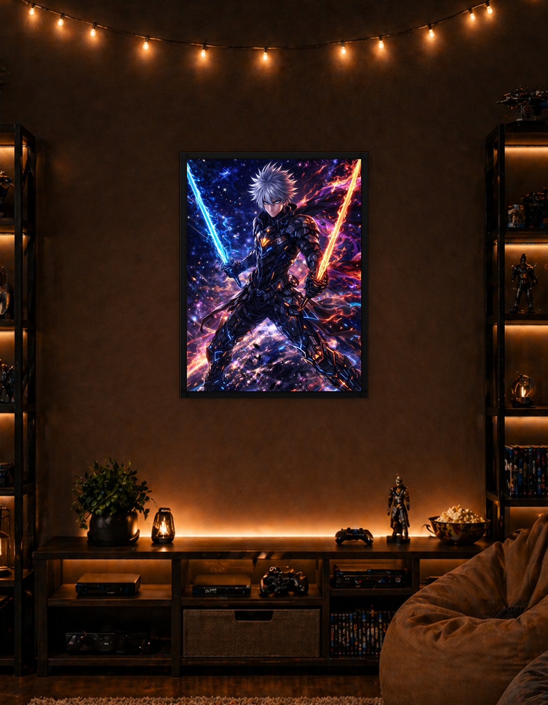 Anime Warrior with Energy Swords in Space