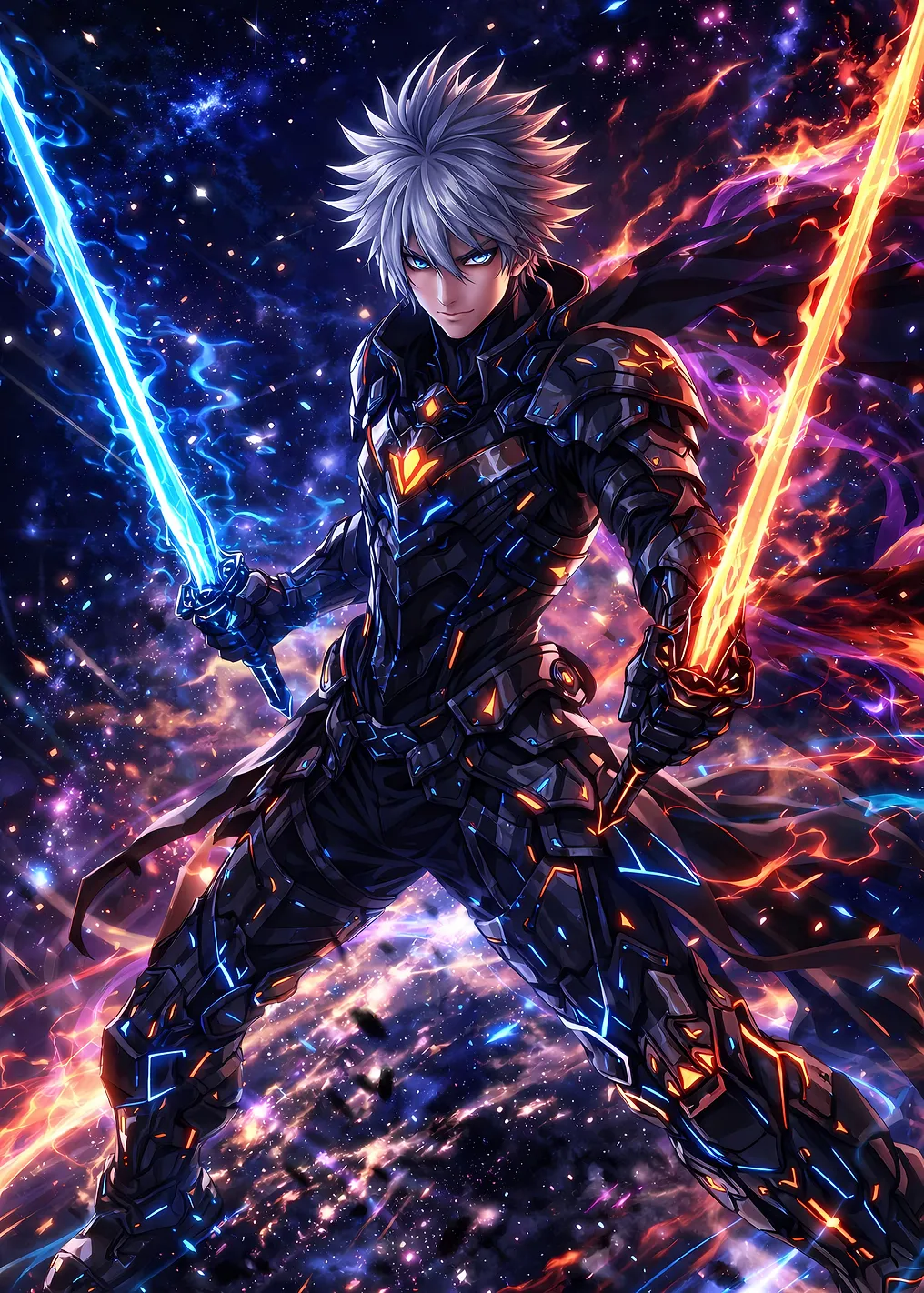 Anime Warrior with Energy Swords in Space