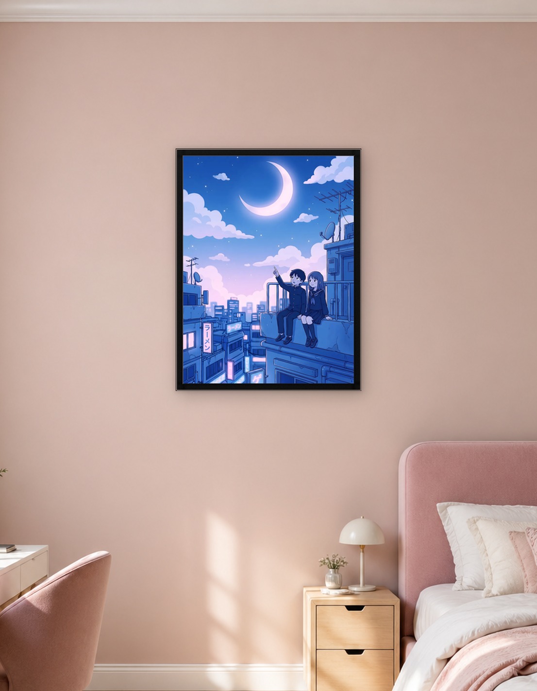Rooftop Anime Couple & Crescent Moon