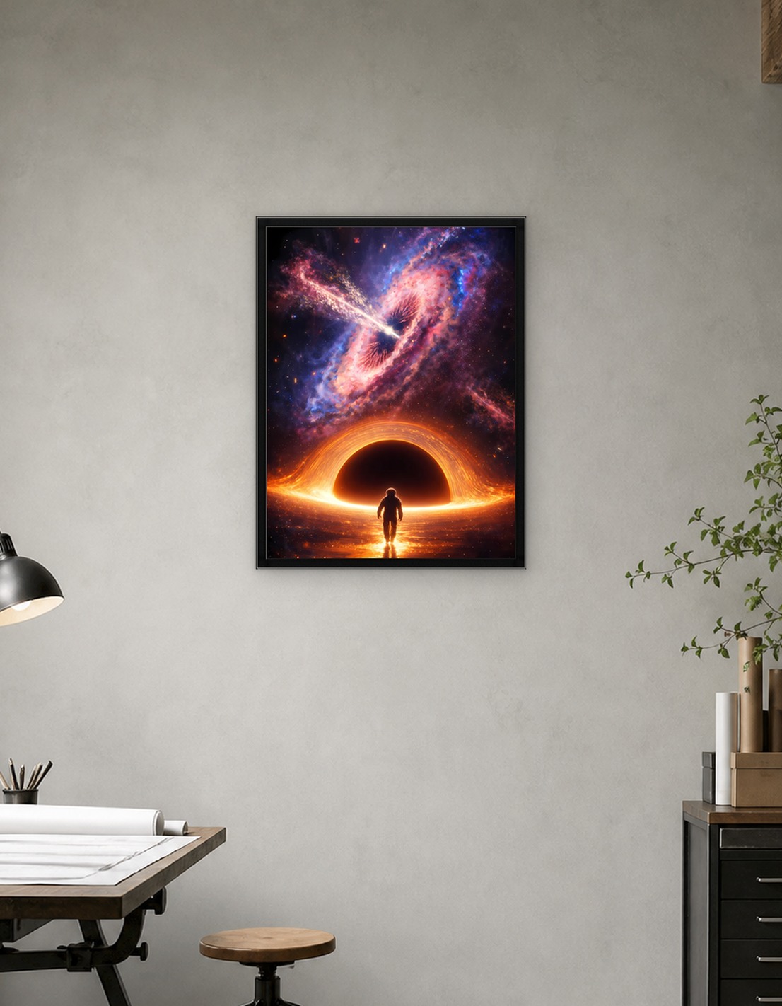 Astronaut faces a black hole and nebula