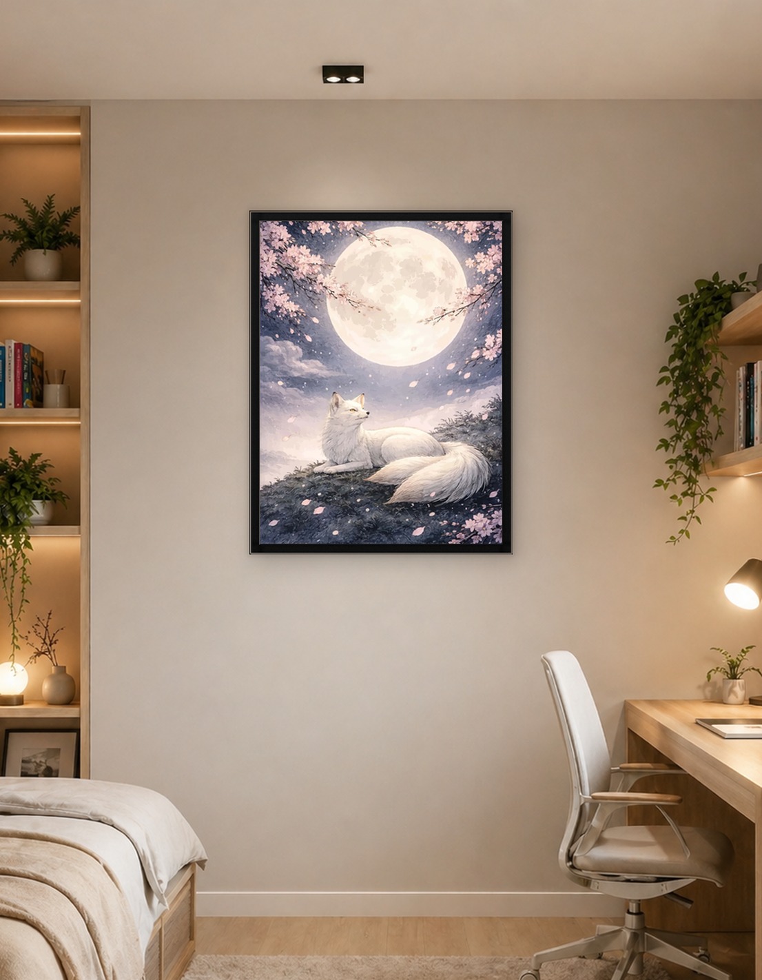 White Fox Under Cherry Blossoms and Moon