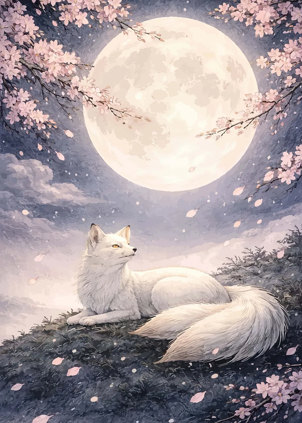 White Fox Under Cherry Blossoms and Moon