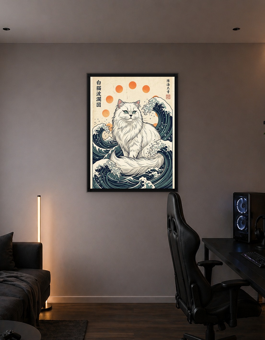 White Cat in Great Wave Style