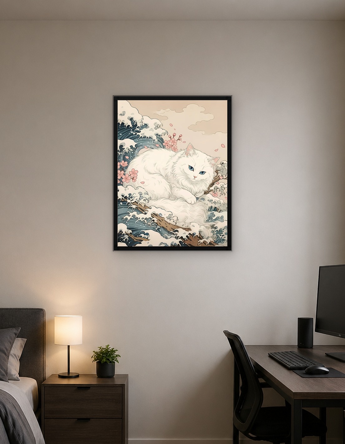 White Cat on Waves with Cherry Blossoms