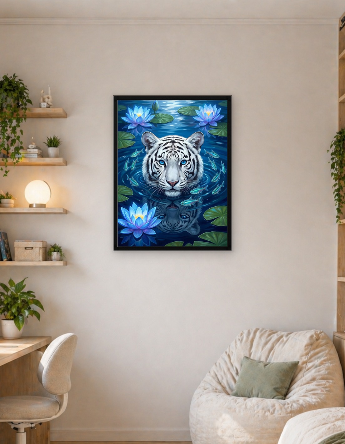 White Tiger in Water Lily Pond