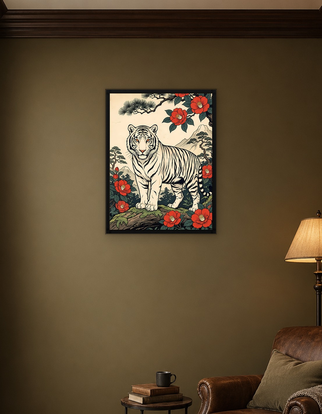 White Tiger with Red Camellias