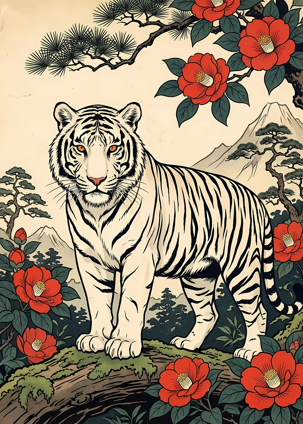 White Tiger with Red Camellias