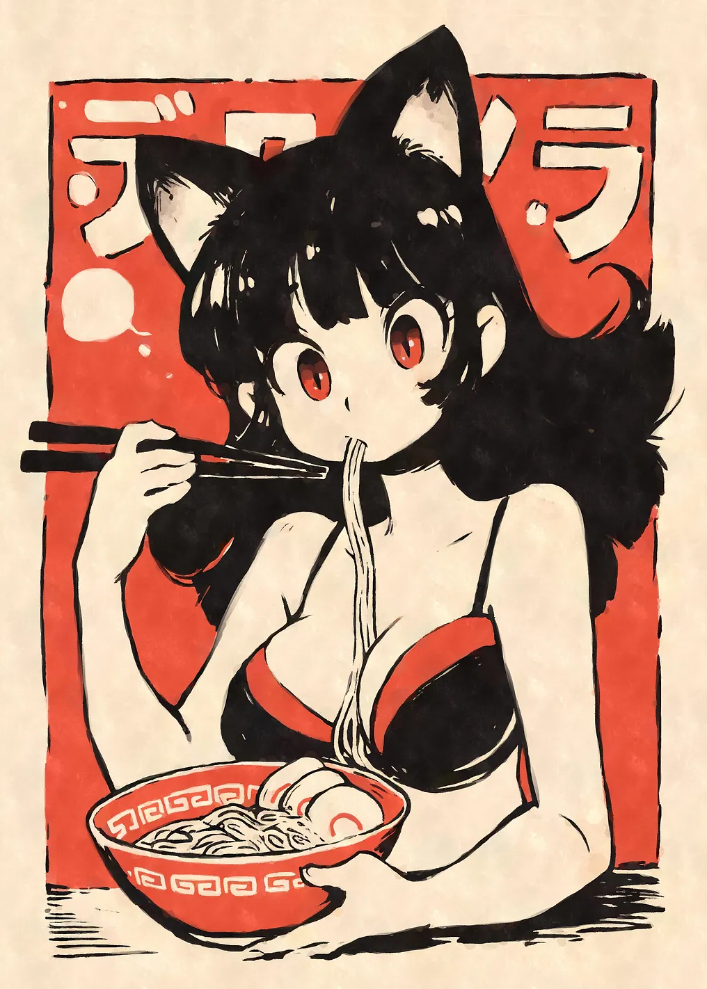 Vintage Anime Cat Girl Eating Ramen