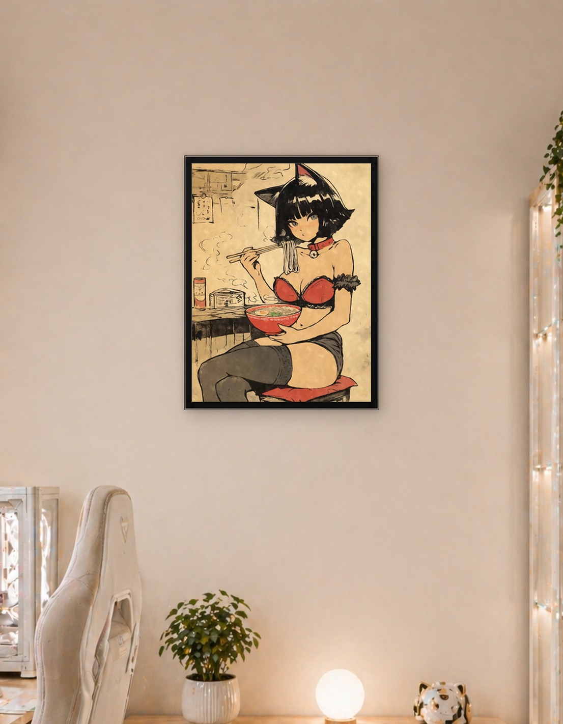 Vintage Anime Catgirl Eating Ramen