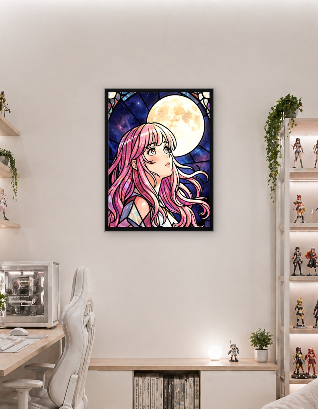 Stained Glass Anime Girl with Full Moon
