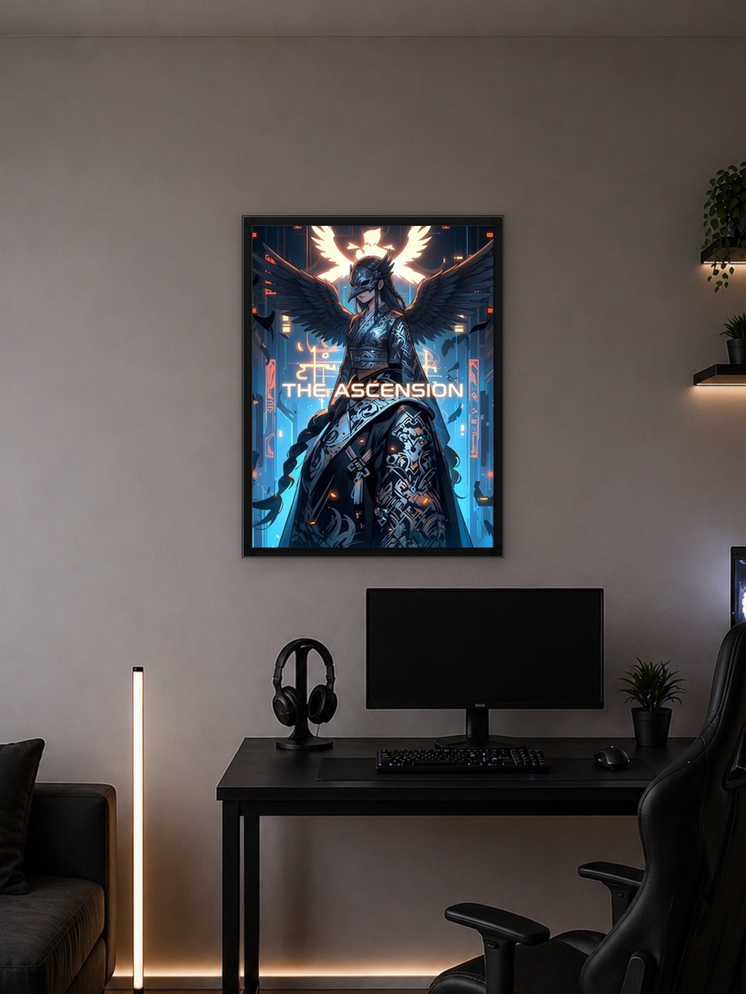 The Ascension: Winged Figure in Cyberpunk Setting