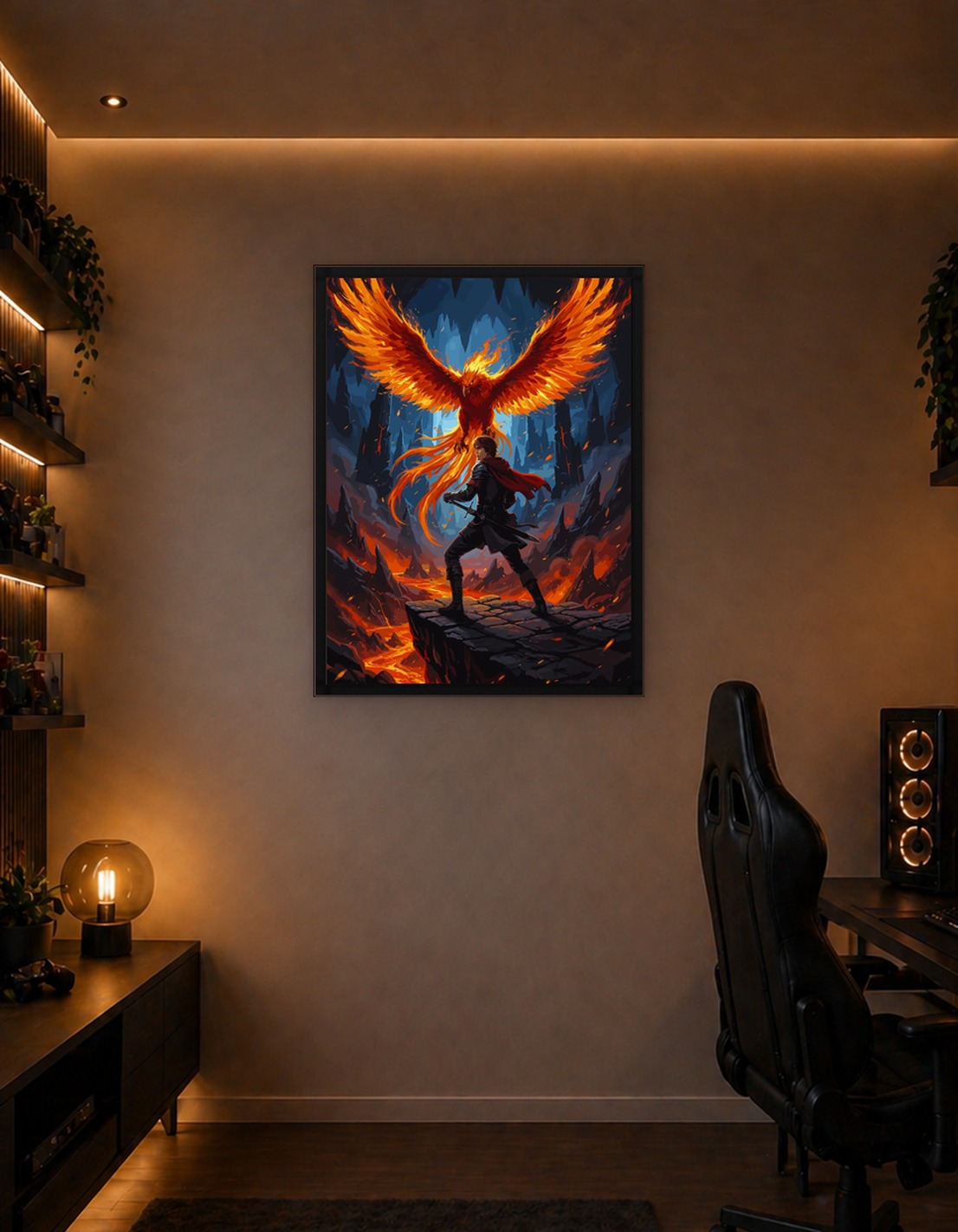 Warrior and Phoenix in Volcanic Landscape