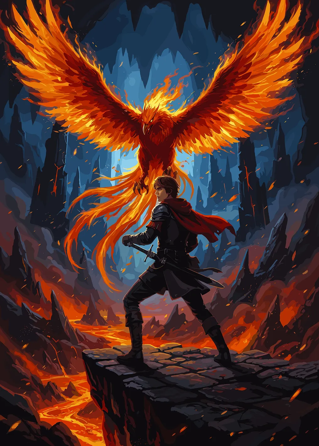 Warrior and Phoenix in Volcanic Landscape