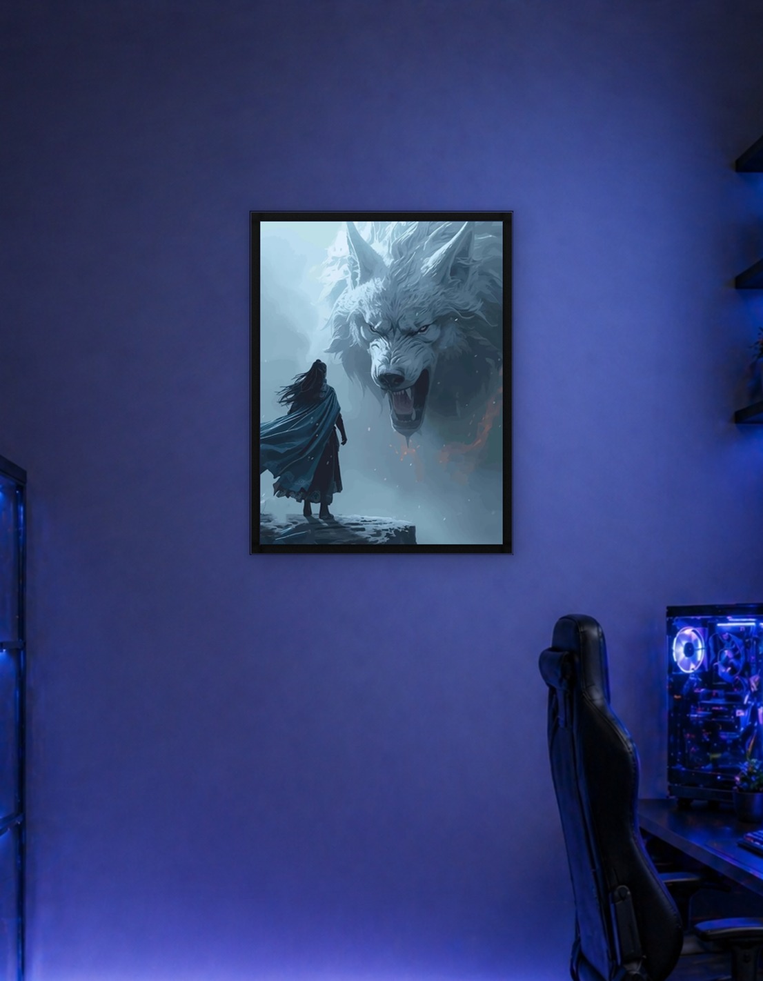 Warrior facing giant wolf in snow