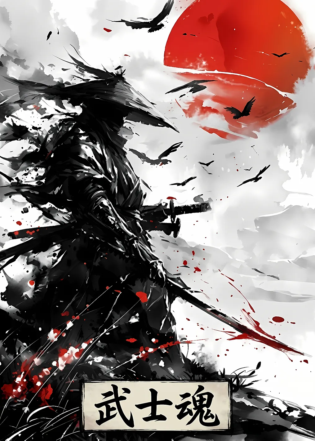 Samurai Warrior with Crows and Red Sun