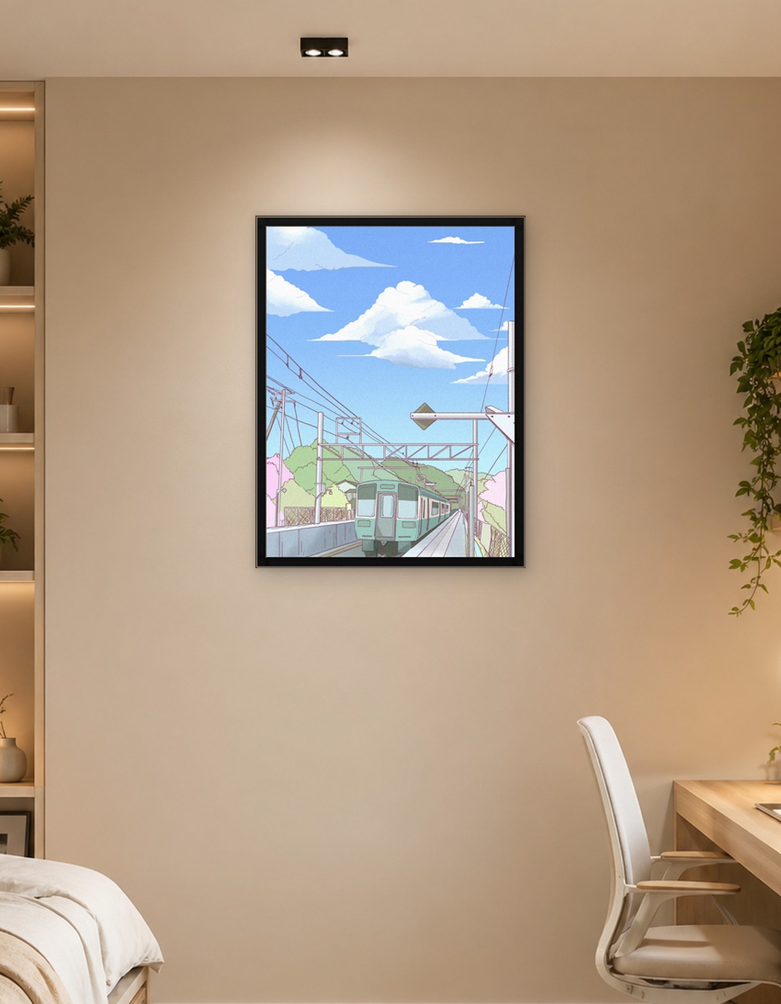Train station with cherry blossoms and mountains