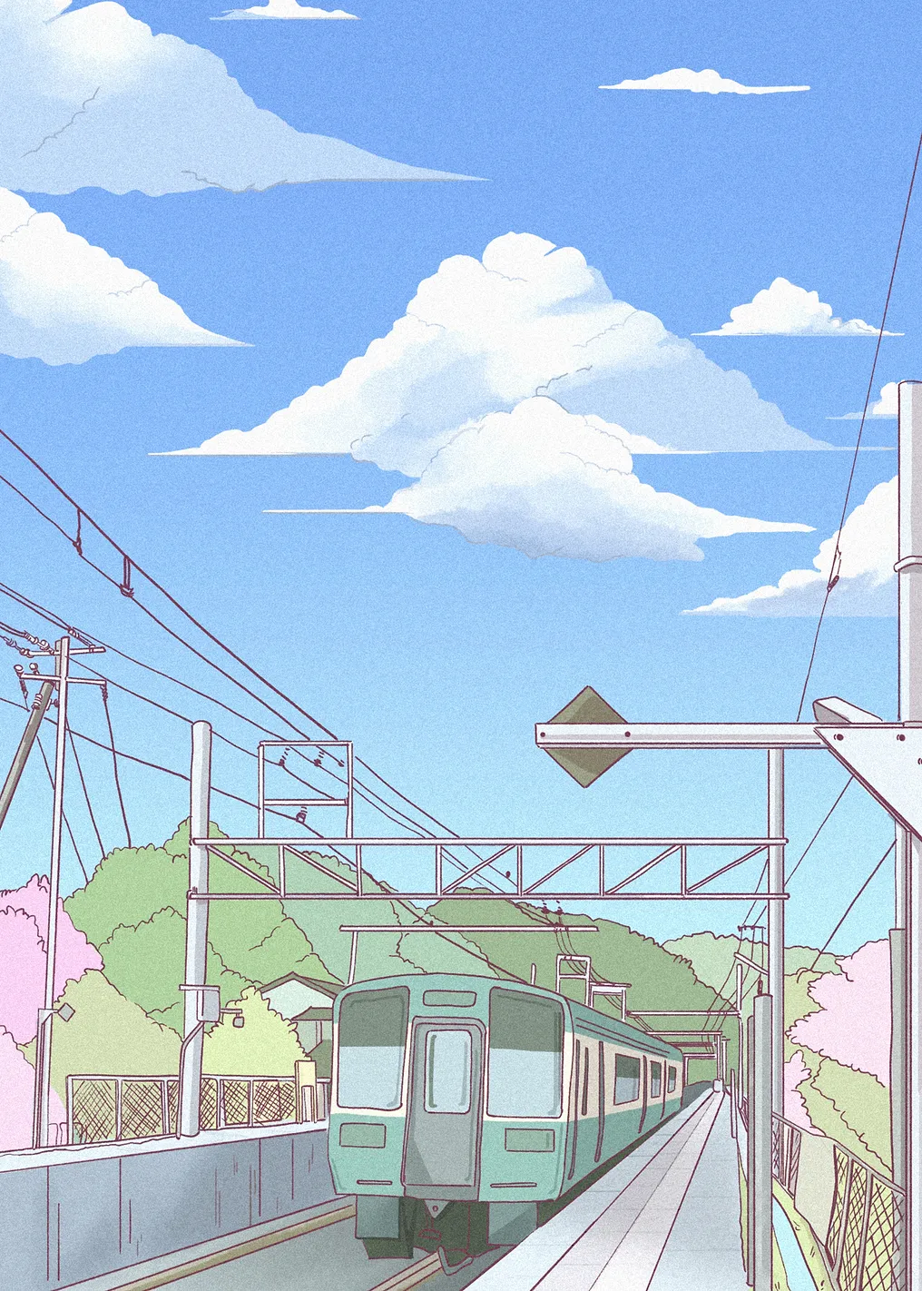 Train station with cherry blossoms and mountains