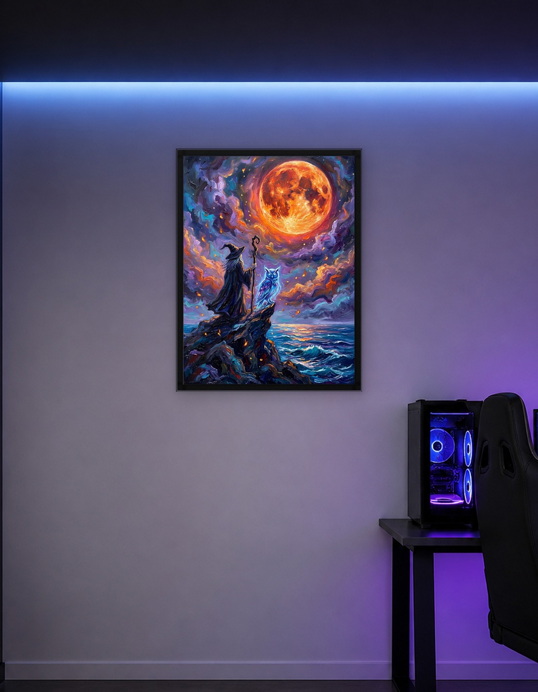 Wizard and Owl Under a Full Moon