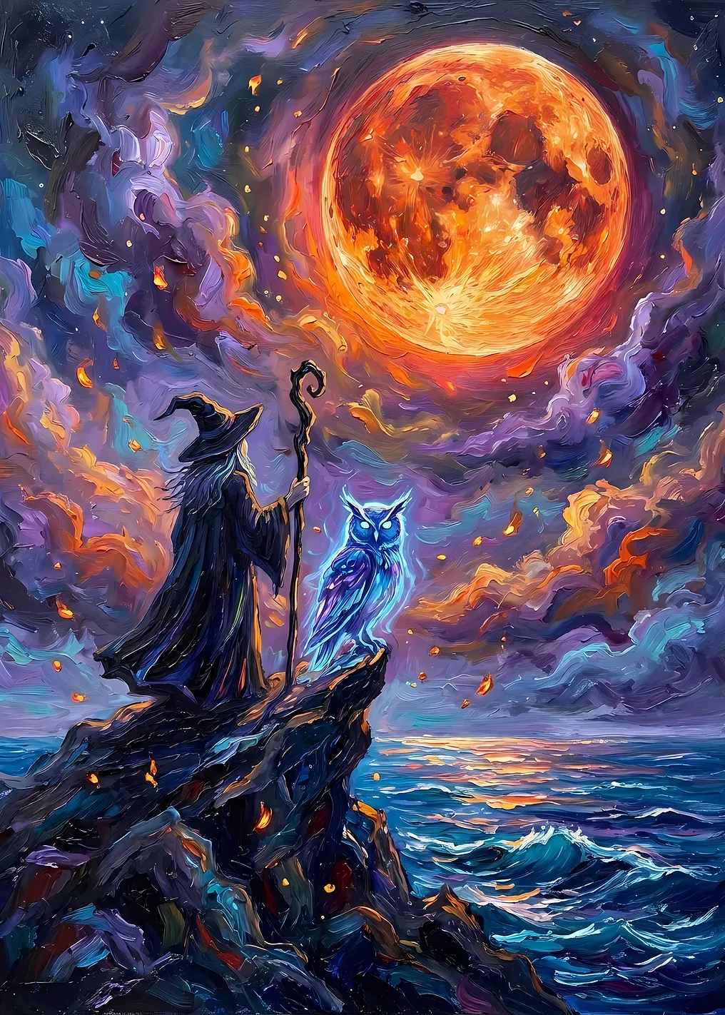 Wizard and Owl Under a Full Moon