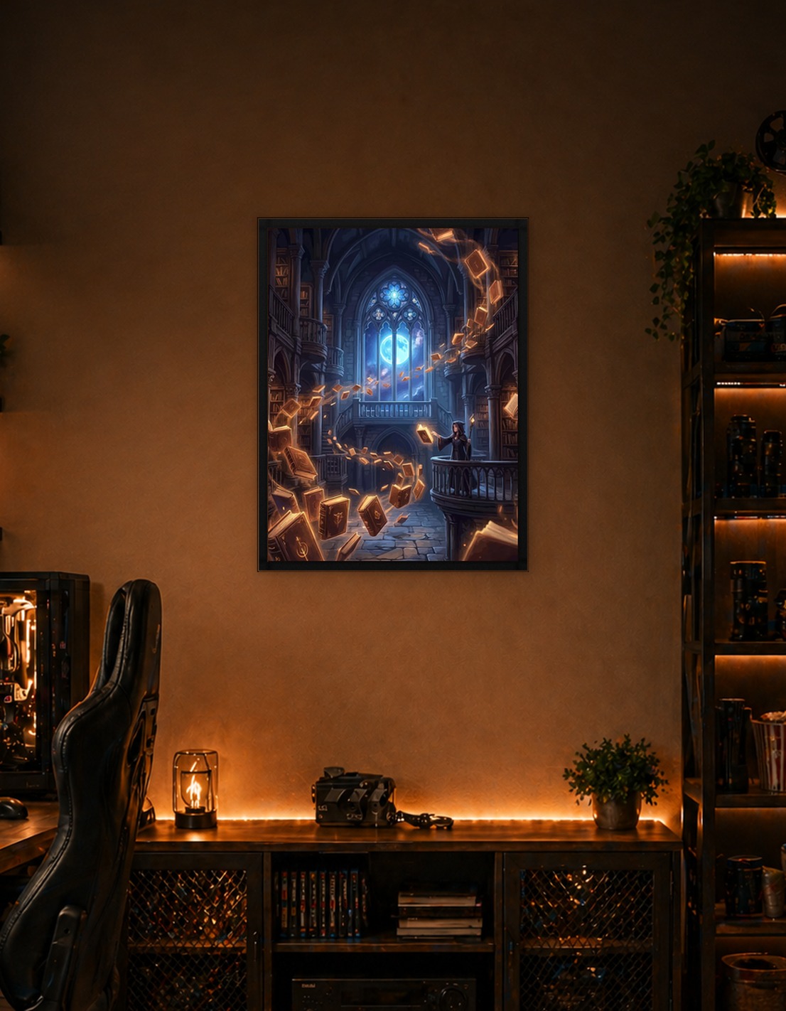Sorceress summoning books in a gothic library