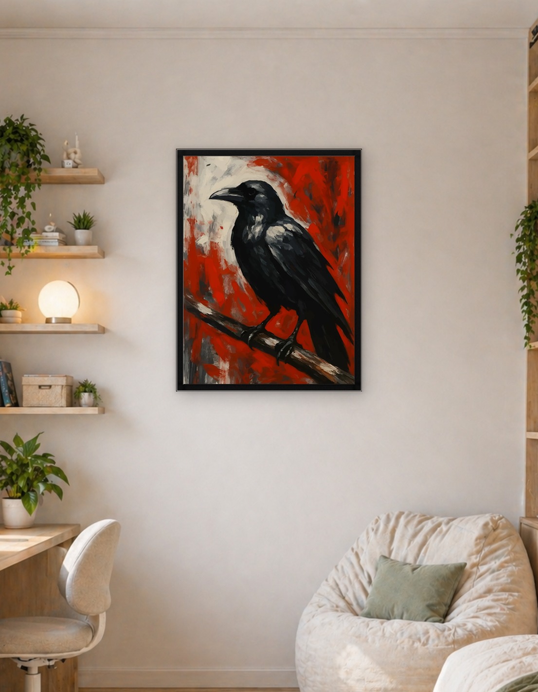 Raven Perched on Branch Painting