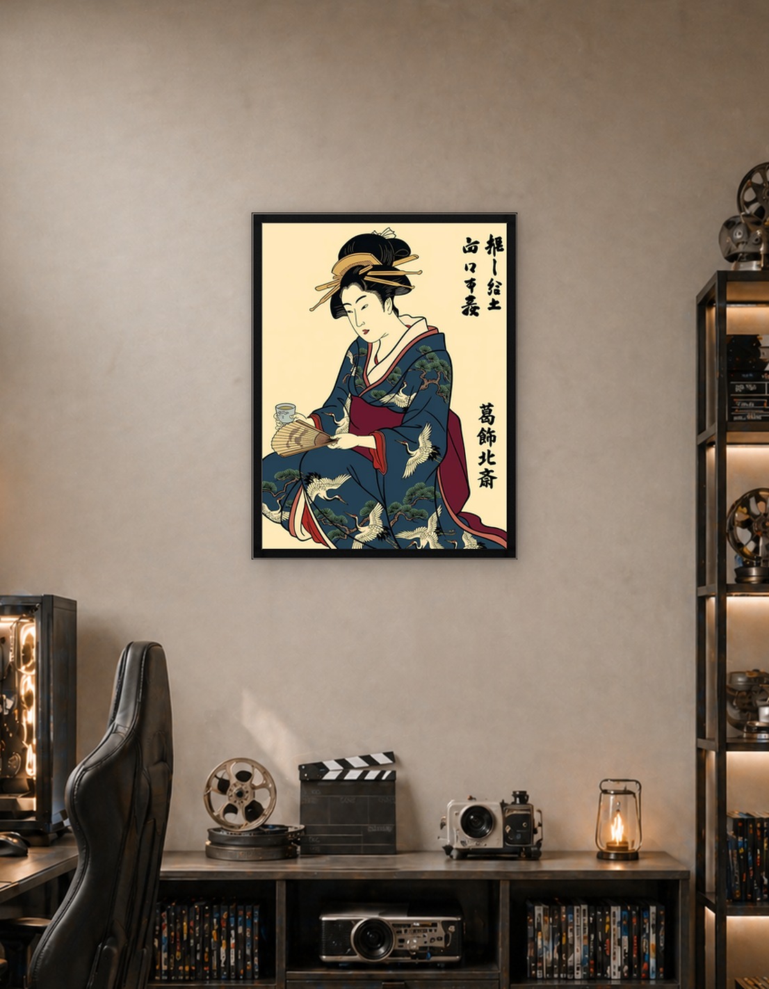Ukiyo-e Style Geisha with Fan and Tea