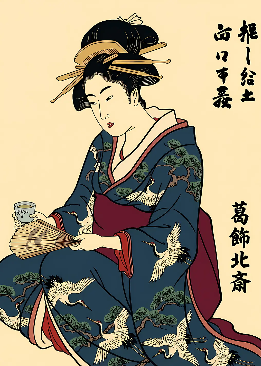 Ukiyo-e Style Geisha with Fan and Tea