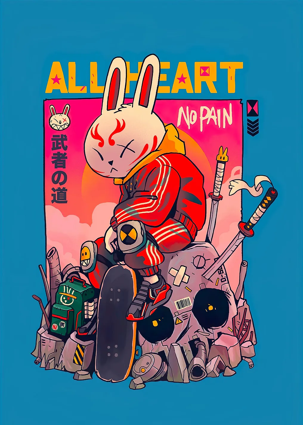 Sad Bunny Warrior with Skateboard and Swords