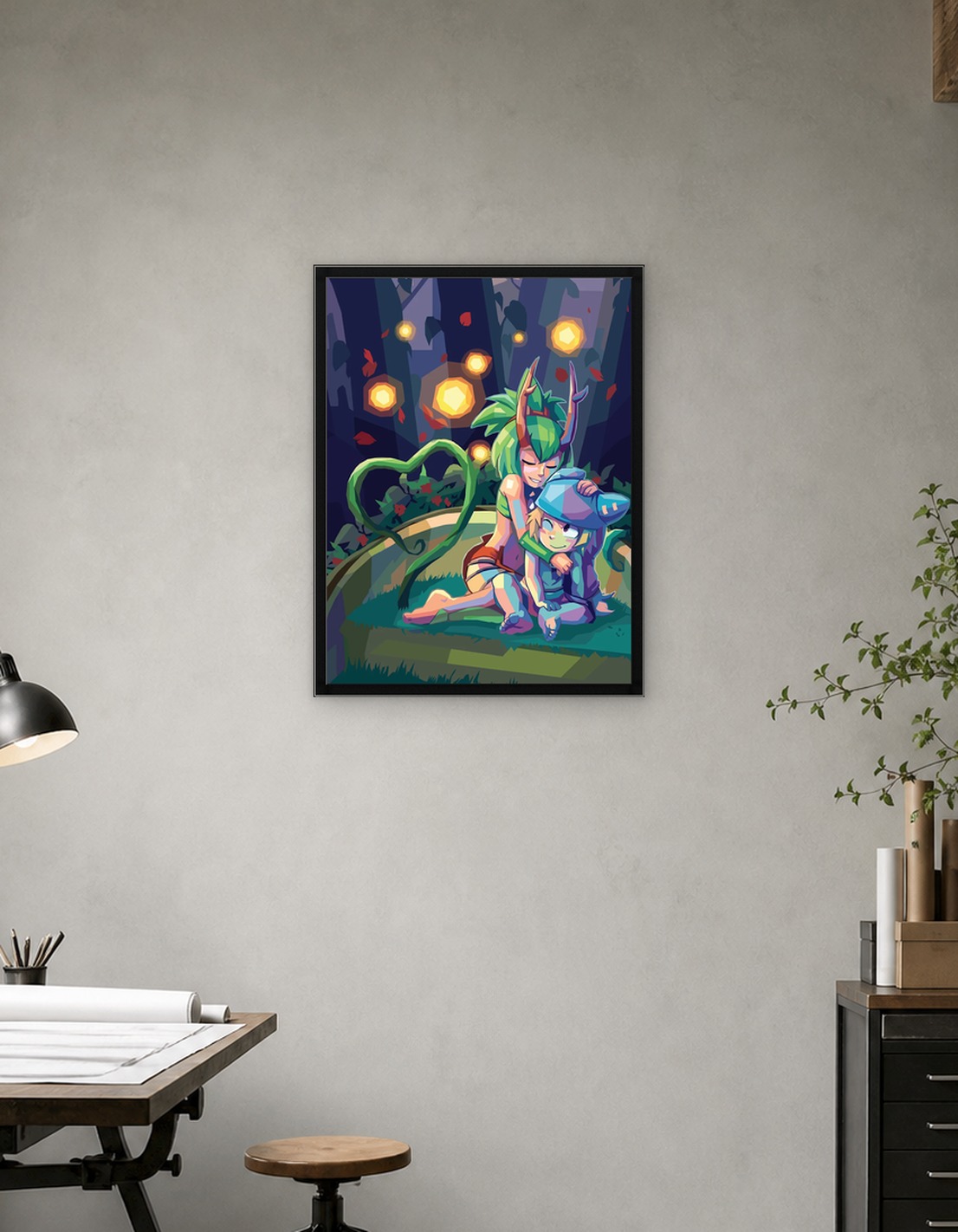 Two fantasy characters hugging in a forest