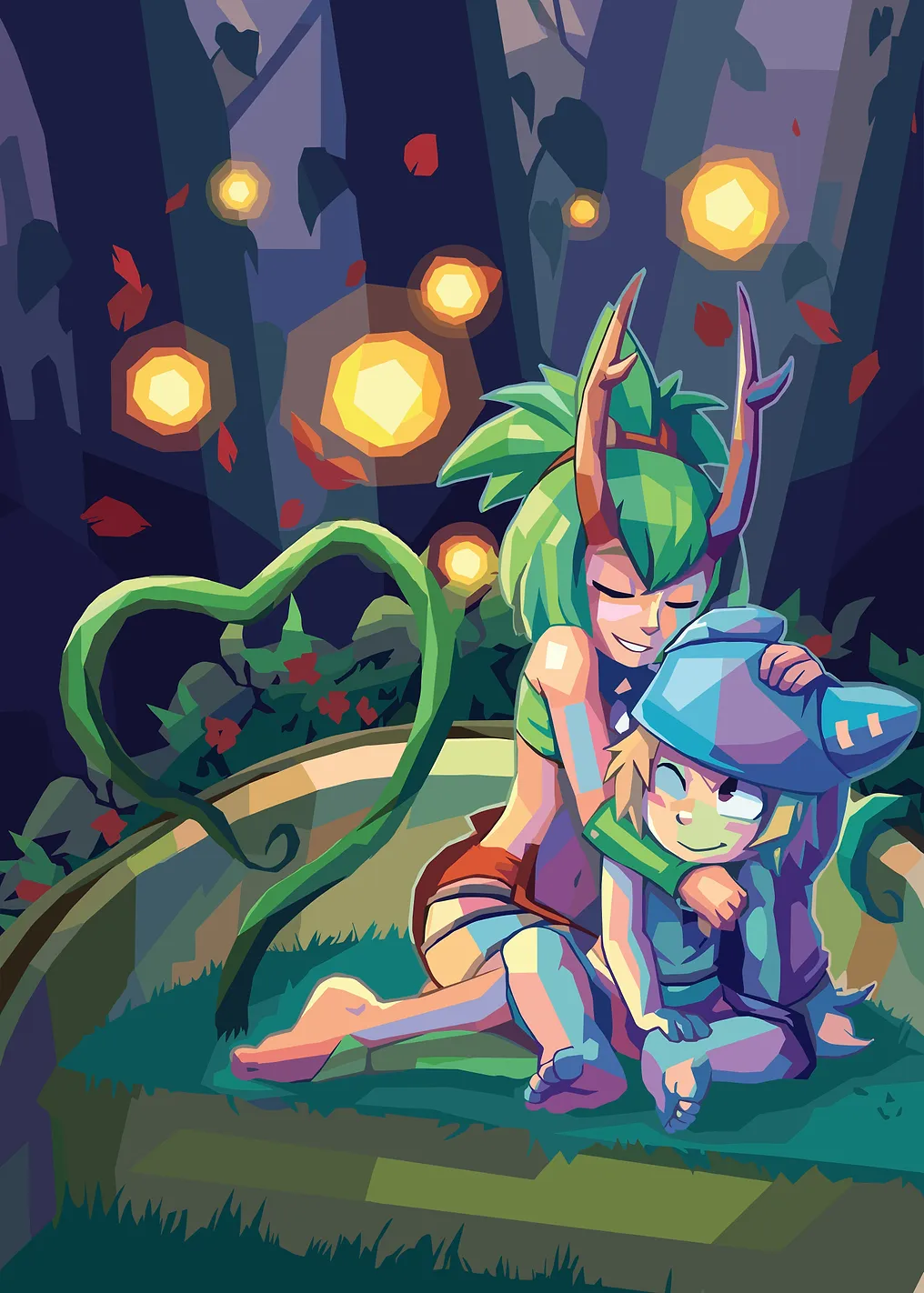 Two fantasy characters hugging in a forest