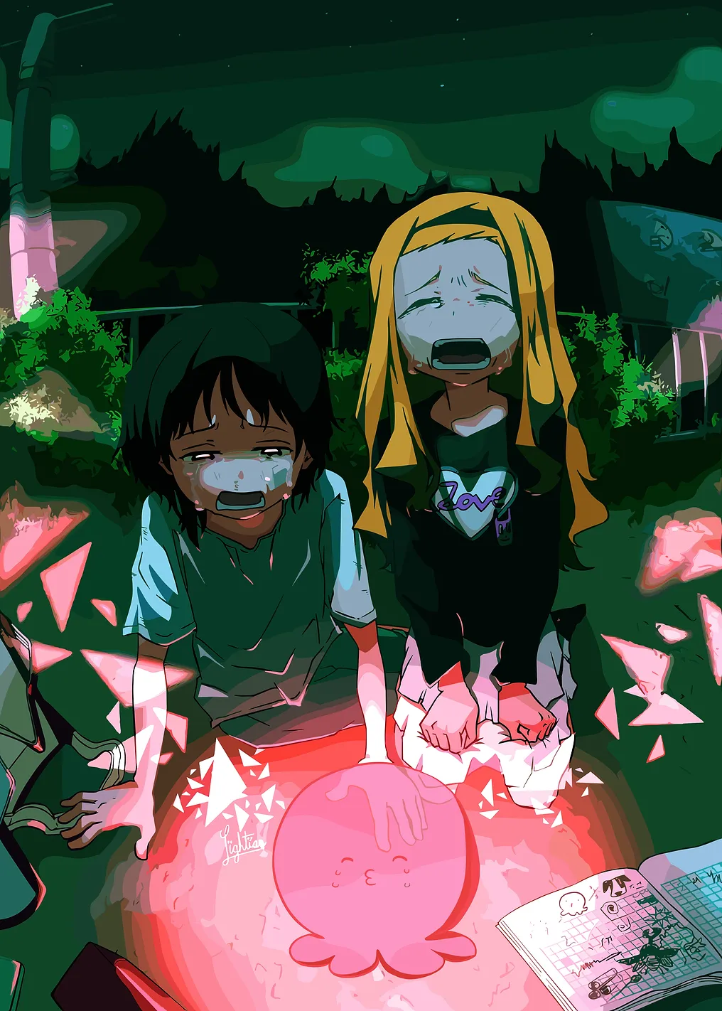 Two crying anime girls with a pink orb