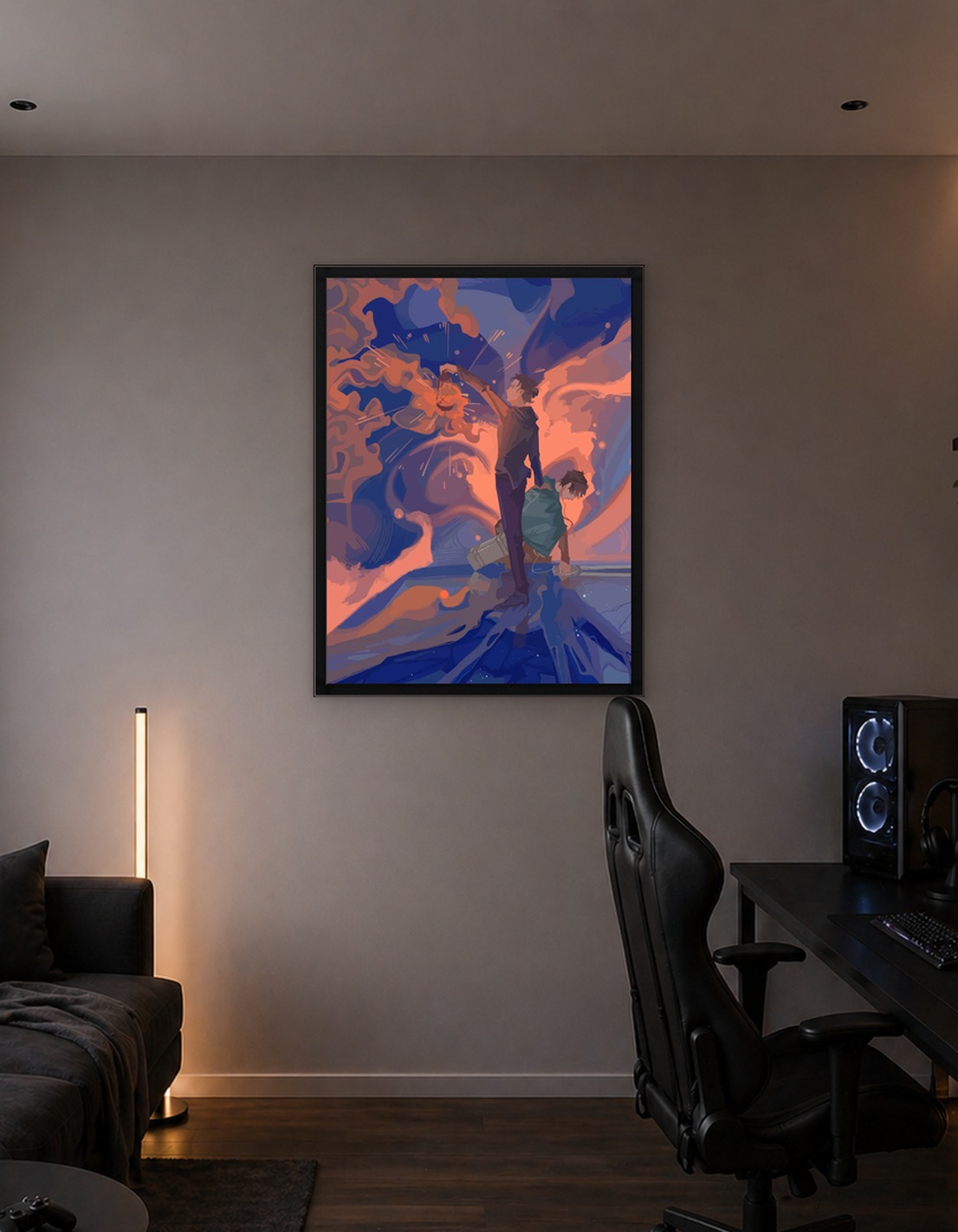 Two figures in a surreal, fiery landscape
