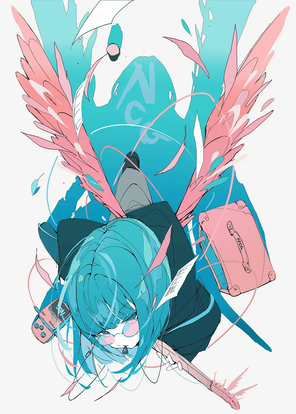 Turquoise Haired Girl with Wings Illustration