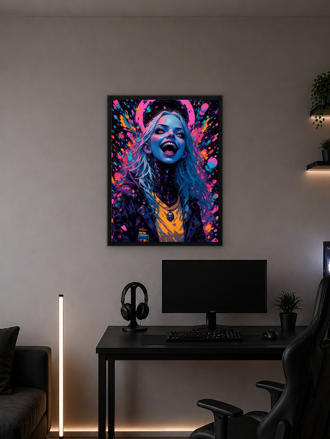 Vampire Girl with Neon Splatter Background