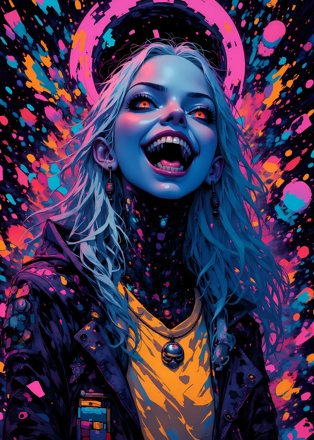 Vampire Girl with Neon Splatter Background