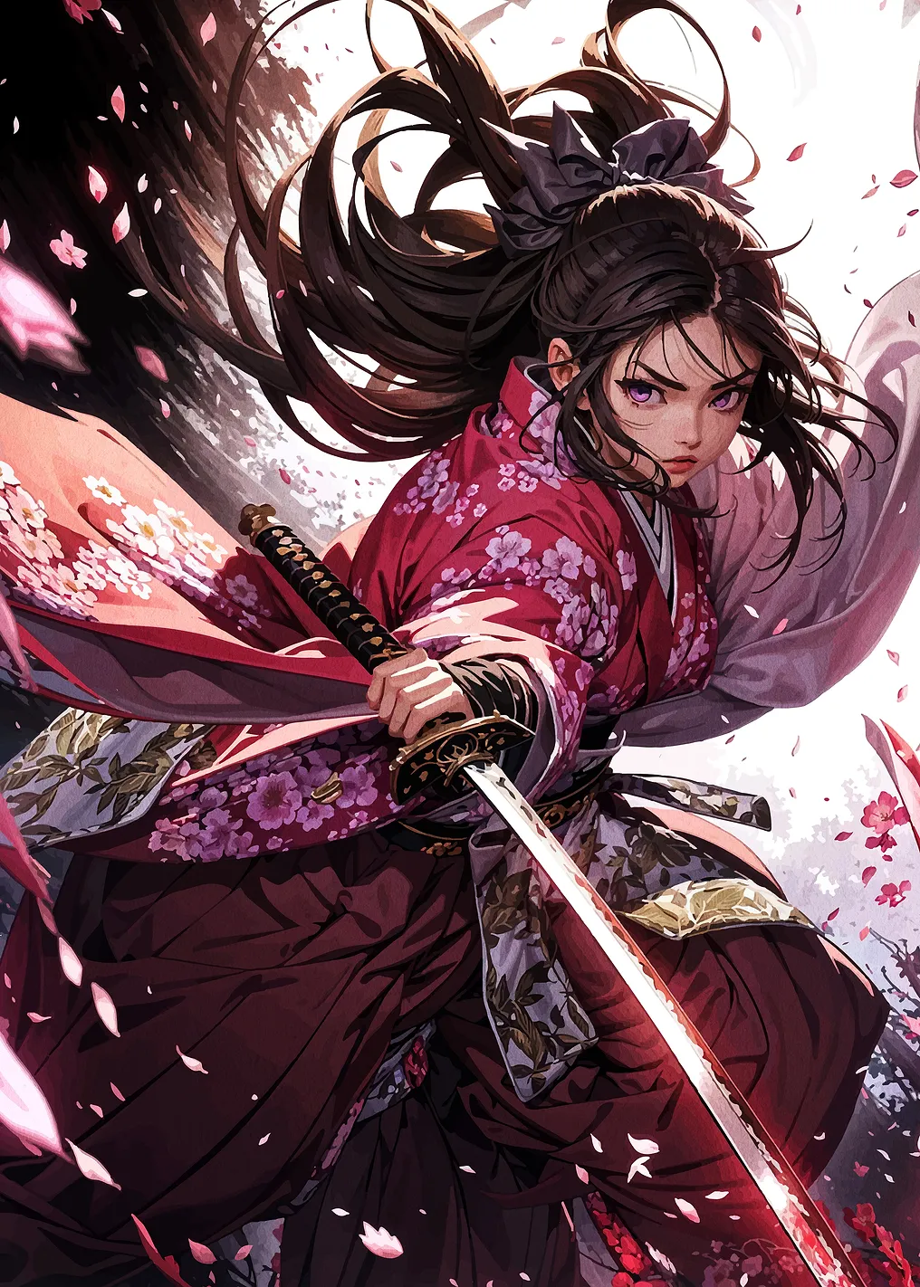 Samurai Girl with Katana in Cherry Blossoms