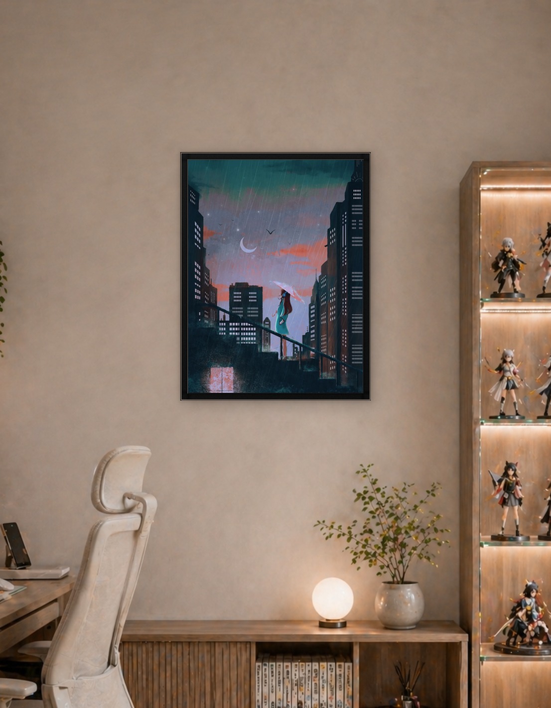 Rainy Cityscape with Girl and Umbrella