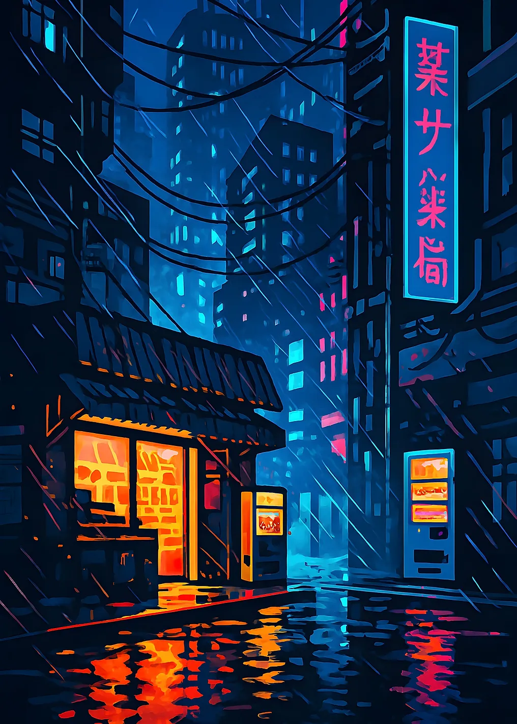 Rainy Neon Cityscape at Night