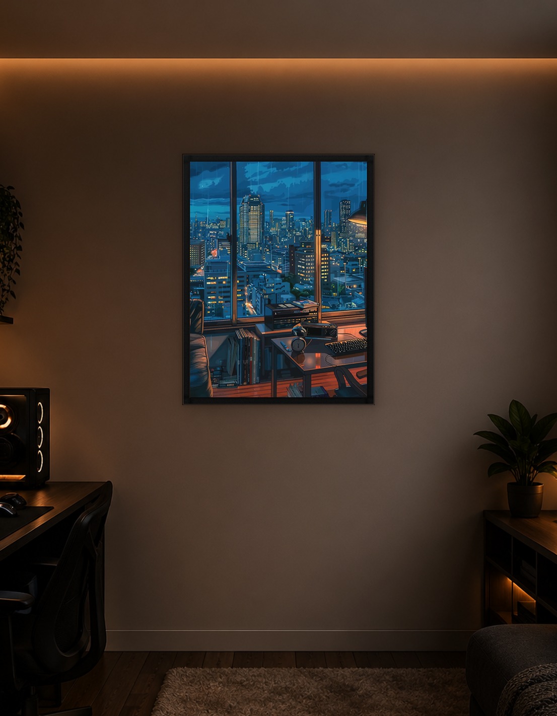 Rainy Night Cityscape from Apartment Window