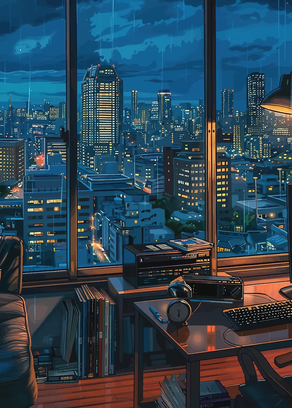Rainy Night Cityscape from Apartment Window