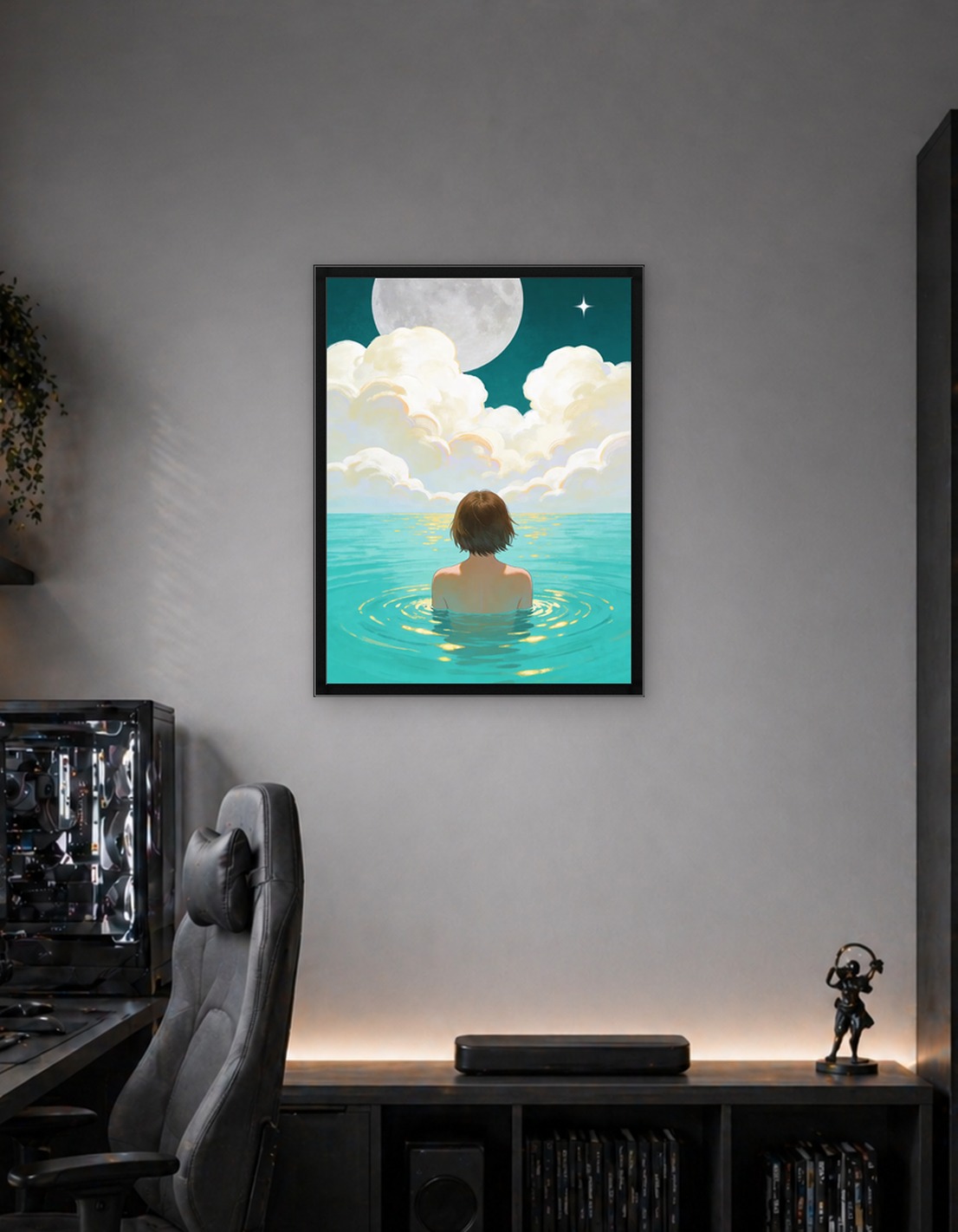 Woman in water under moon and clouds