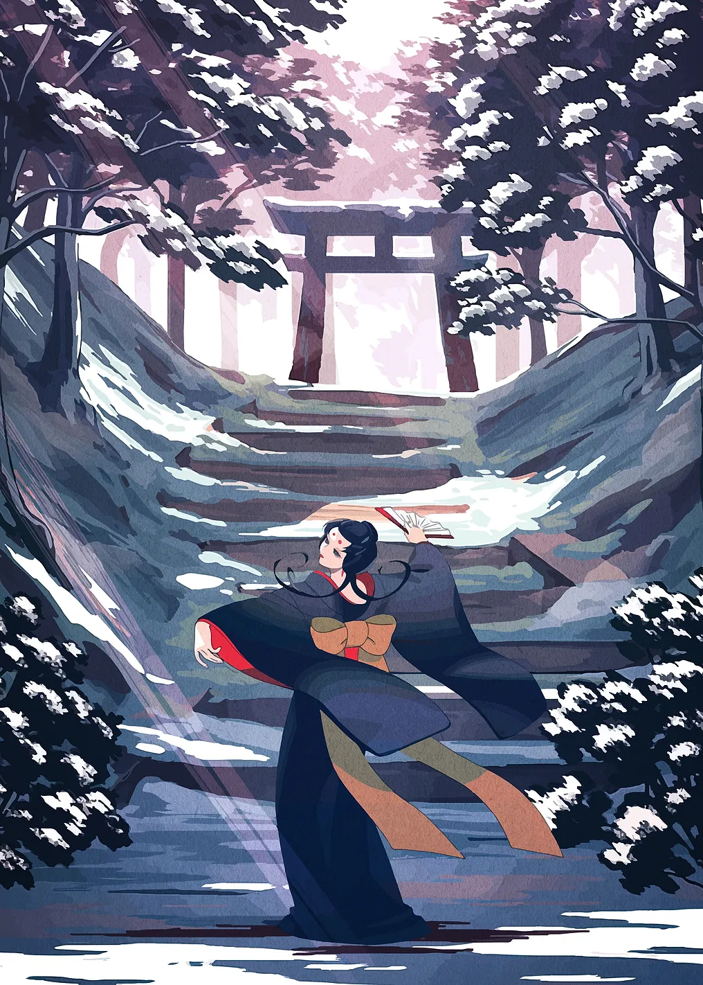 Woman in Kimono at Snowy Shrine