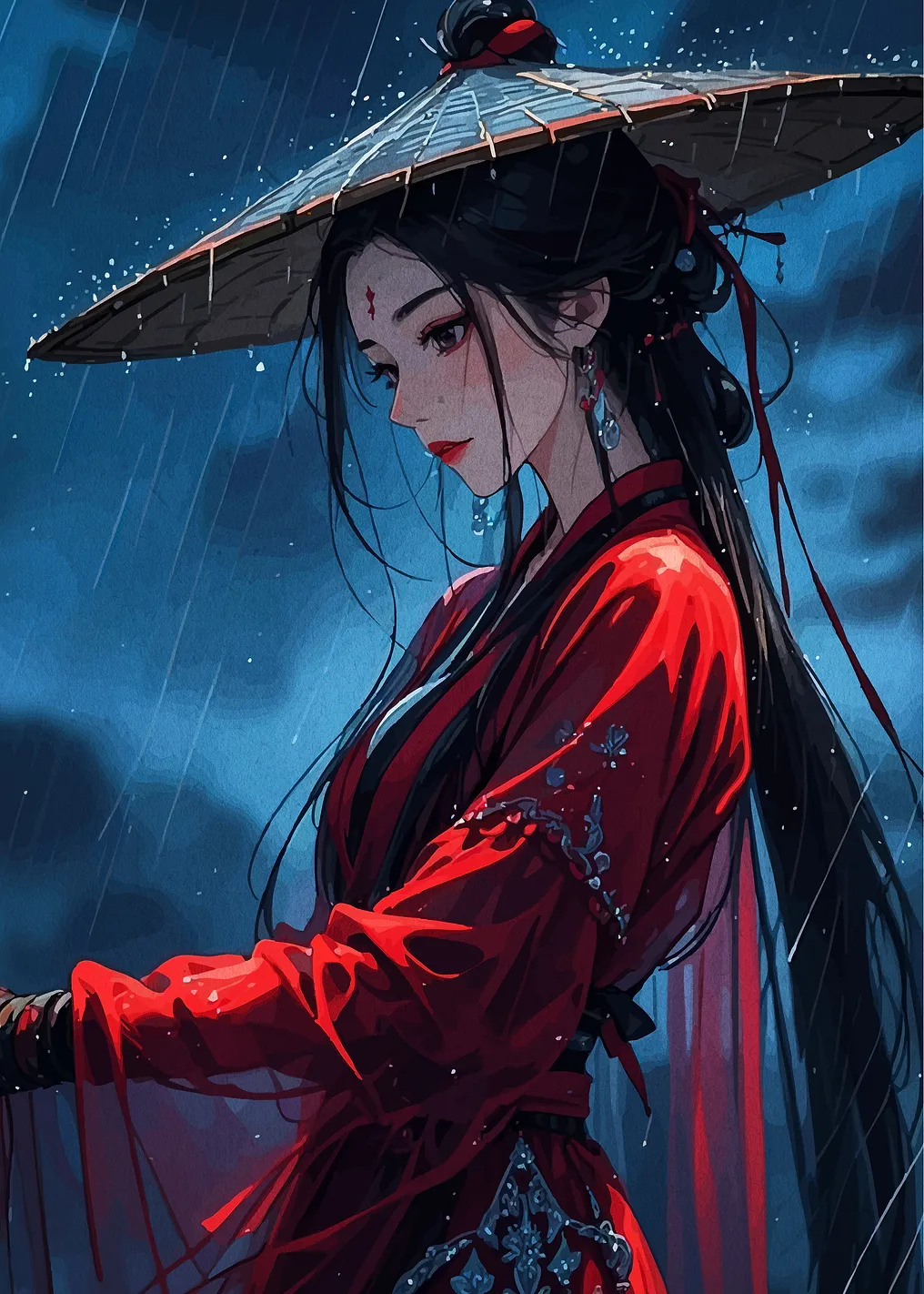Woman in Red Under a Hat in the Rain