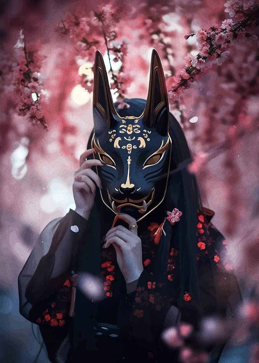Woman with Kitsune Mask in Cherry Blossoms - 9514731