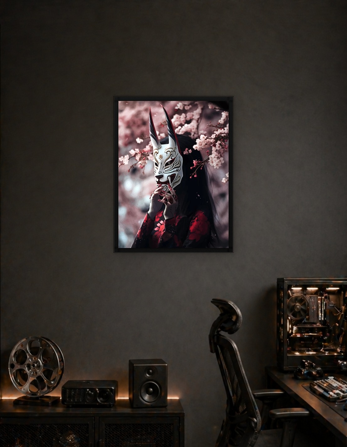 Woman with Kitsune Mask in Cherry Blossoms - 9514733