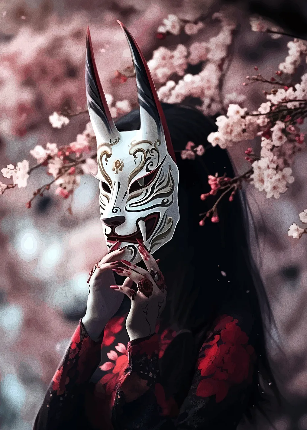 Woman with Kitsune Mask in Cherry Blossoms - 9514733