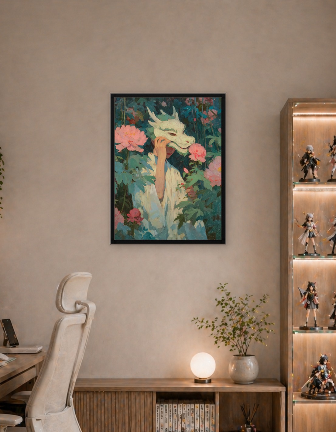 Woman in Dragon Mask Among Flowers