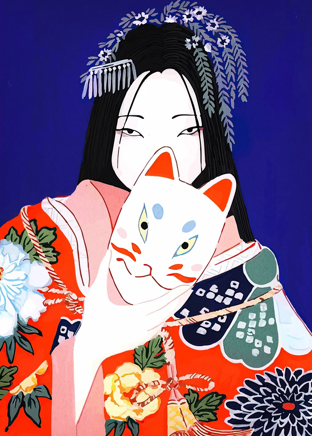 Woman with Fox Mask in Kimono