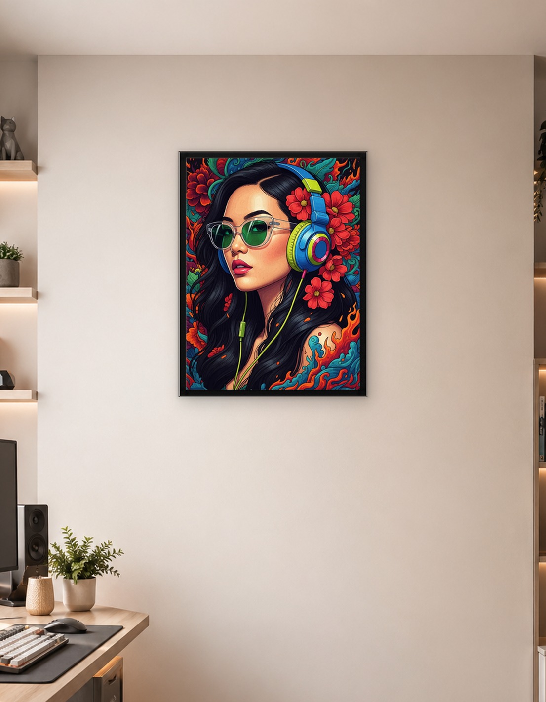 Woman with Headphones and Floral Background